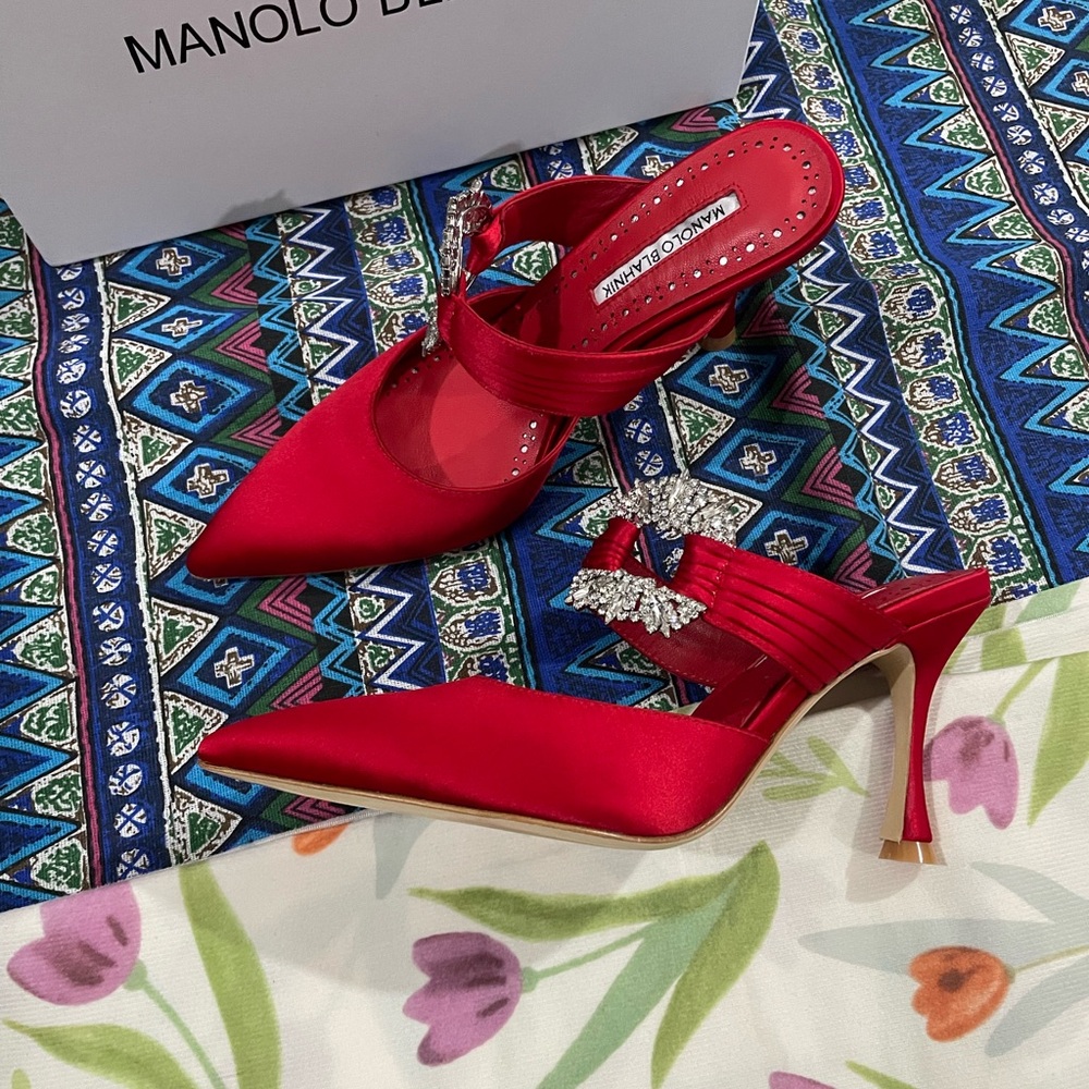 Manolo Blahnik Red Satin Crystal-Embellished Pointed-Toe Slingbacks